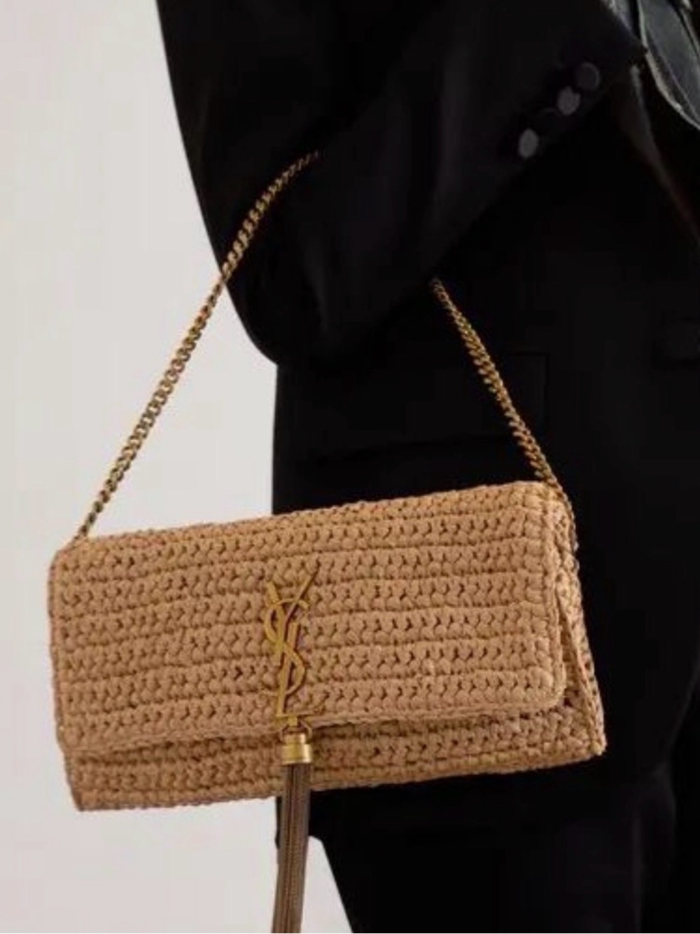Saint Laurent kate Raffia Woven Shoulder Bag with Gold YSL Tassel - Picture 2 of 10